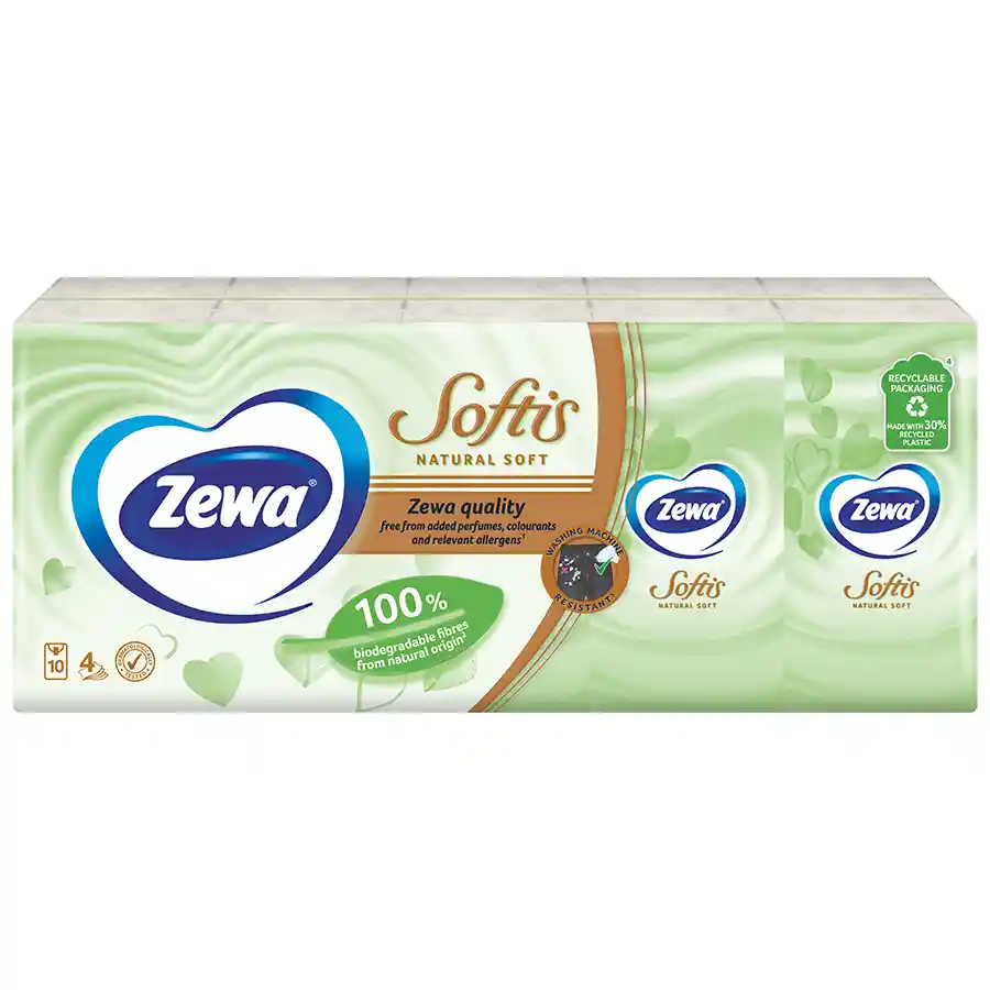 Zewa Χαρτομάντηλα Softis Natural Soft 4Φύλλων 10τεμ. 220γρ.