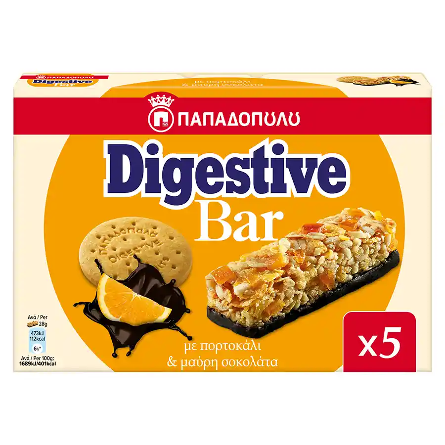 Παπαδοπούλου Digestive Μπάρες Δημητριακών Με Πορτοκάλι & Μαύρη Σοκολάτα 5x28γρ.