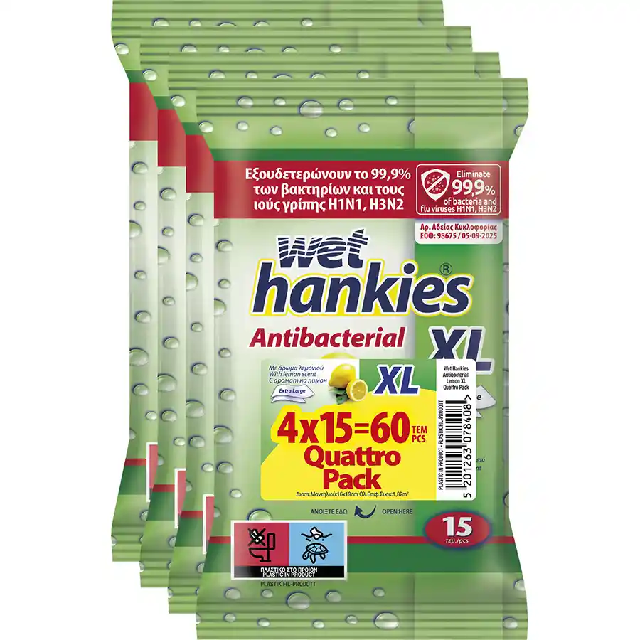 Wet Hankies Υγρά Μαντηλάκια Αντιβακτηριδιακά Λεμόνι XL 4x15τεμ.