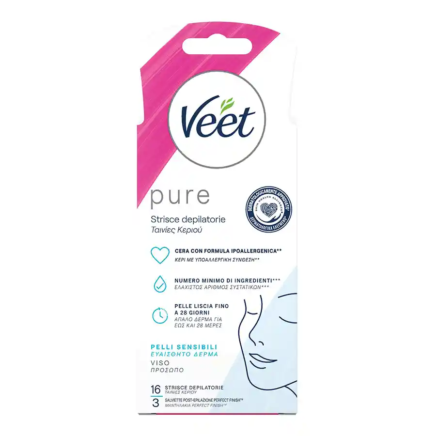 Veet Ταινίες Αποτρίχωσης Προσώπου Κρύο Κερί Με Υποαλλεργική Σύνθεση 16τεμ.