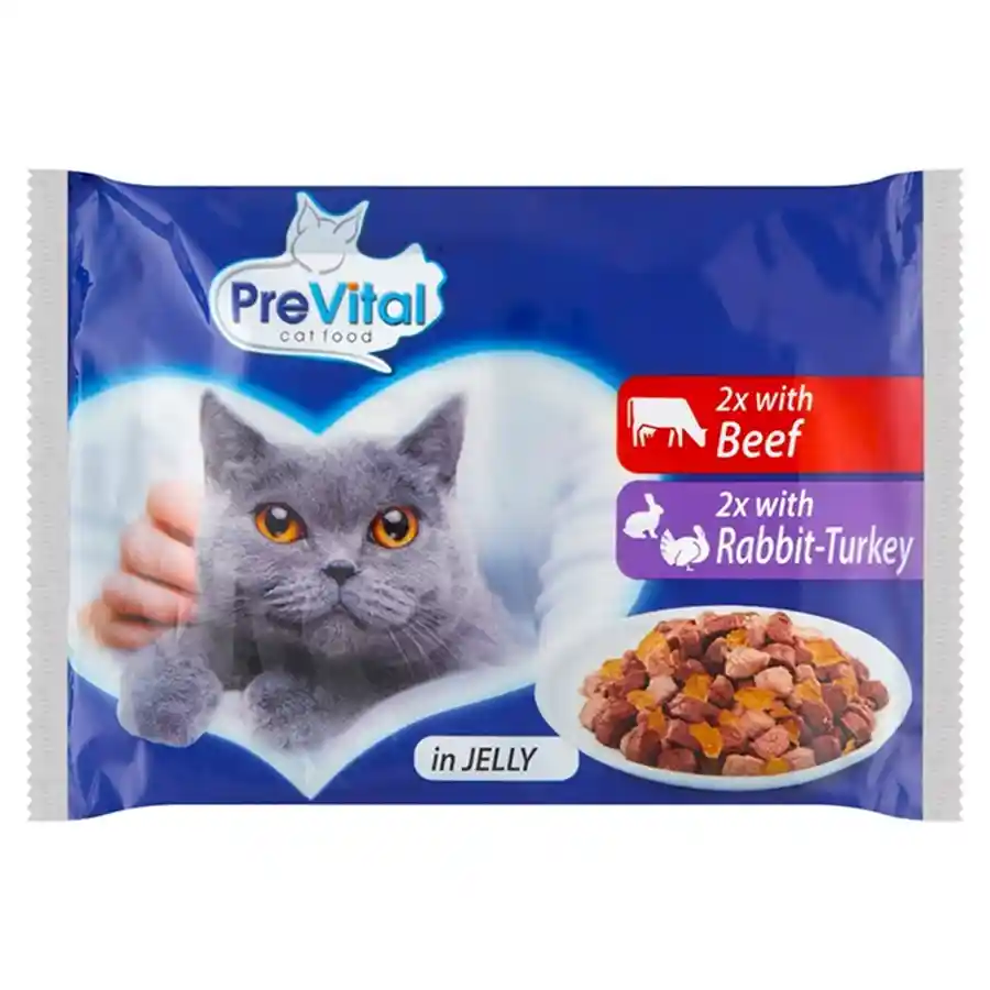 Prevital Γατοτροφή Pouch Με Βοδινό Γαλοπούλα & Κουνέλι Σε Ζελέ 4x100γρ.