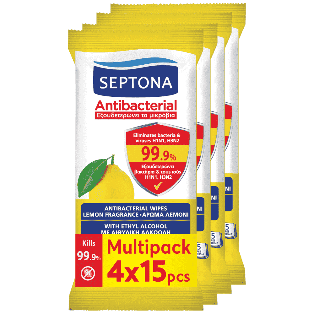 Septona Μαντίλια Αντιβακτηριδιακά Refresh Λεμόνι Multipuck 4x15τεμ