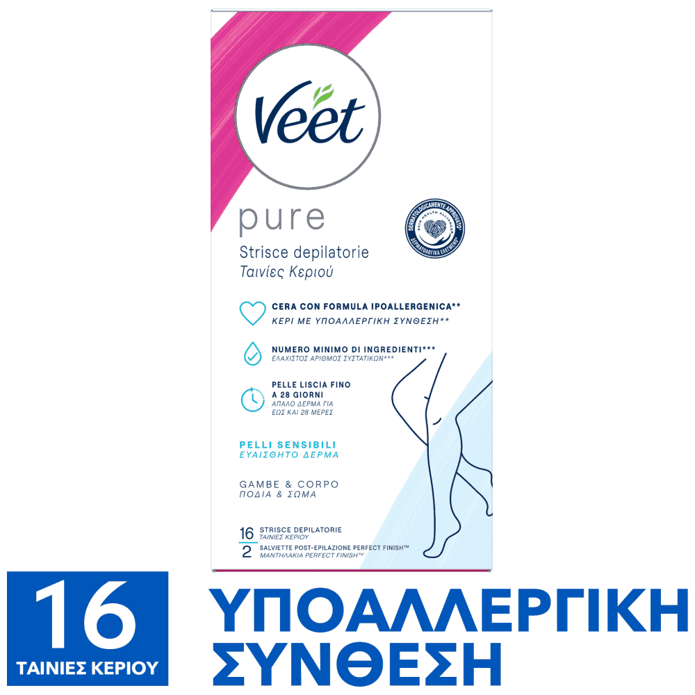 Veet Αποτριχωτικό Κερί Ταινίες Ποδιών Υποαλλεργικη Σύνθεση 16τεμ
