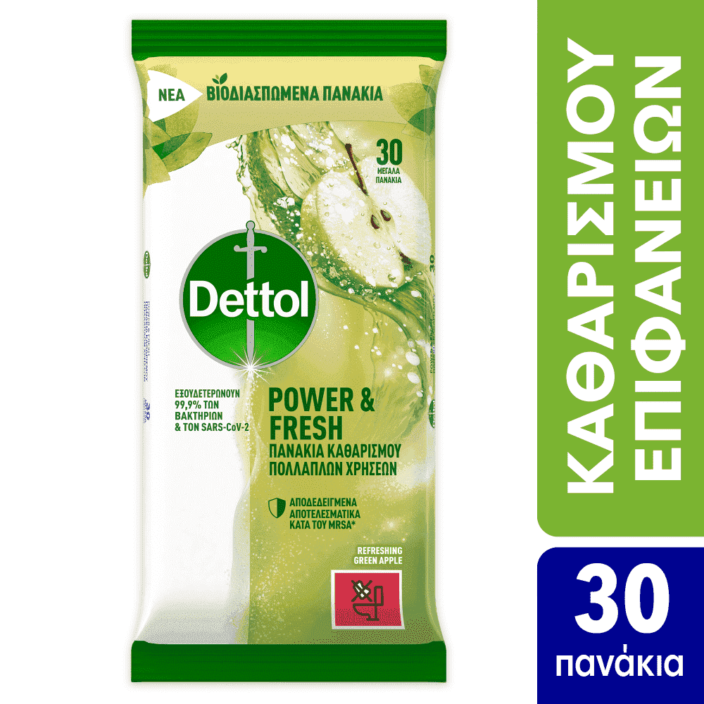 Dettol Αντιβακτηριδιακά Πανάκια Πράσινο Μήλο 30τεμ