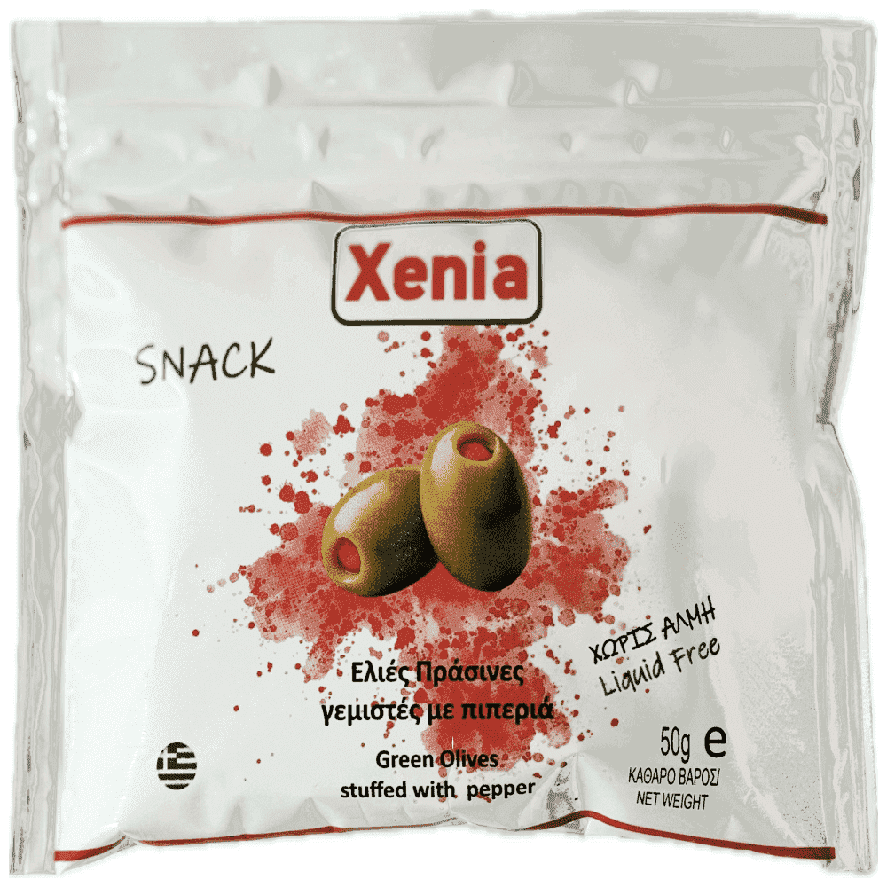 Xenia Ελιές Πράσινες Γεμιστές Με Πιπεριά Σακούλα 50gr
