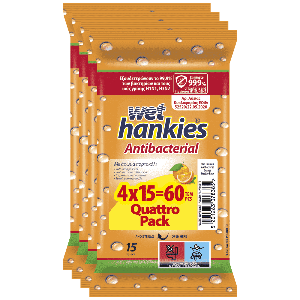 Wet Hankies Υγρά Μαντηλάκια Αντιβακτηριδιακά Orange 4x15