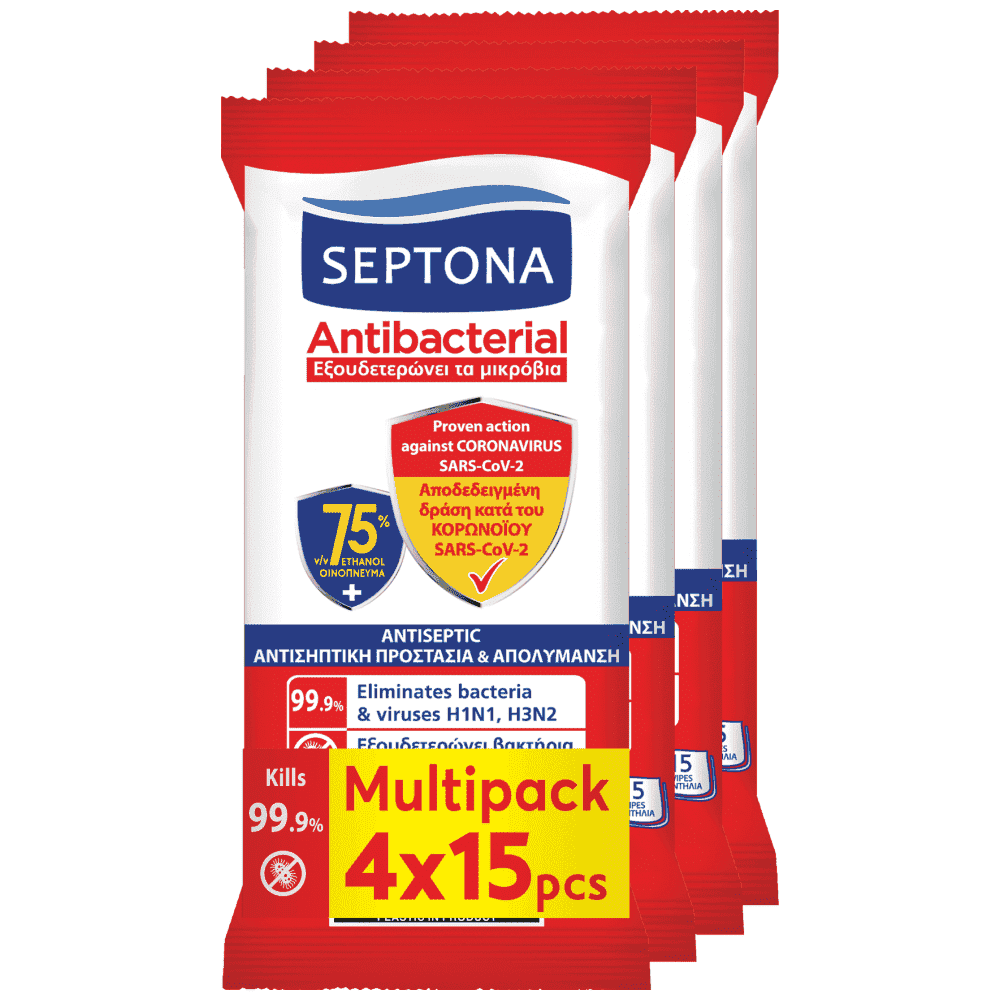 Septona Μαντίλια Αντιβακτηριδιακά 75% Ethanol 4x15τεμ